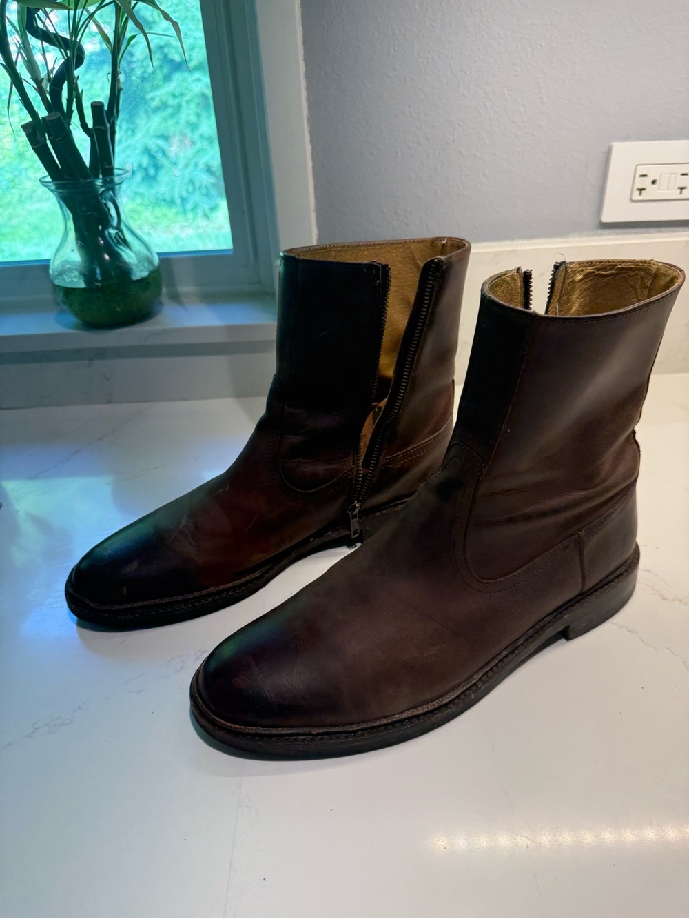 Frye Dark Brown Leather Zip Ankle Boots